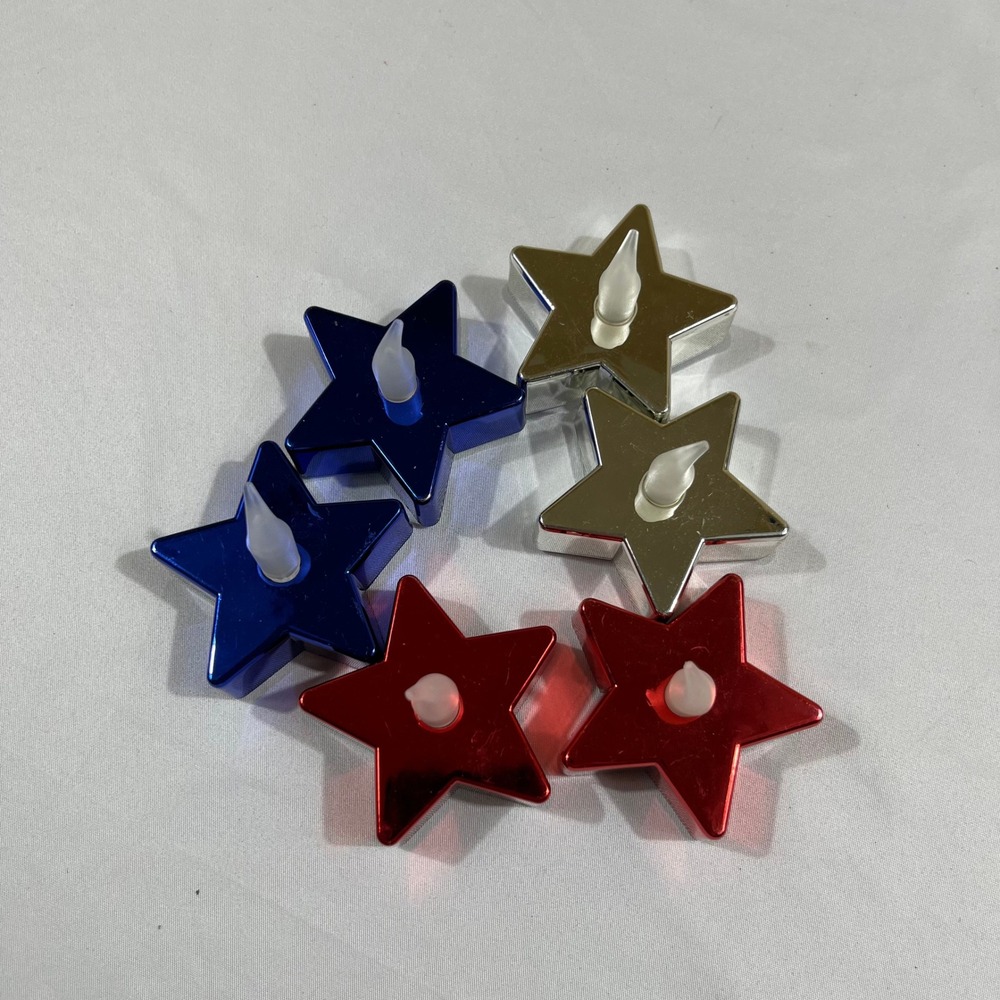 4th of July LED Tea Lights Red White Blue Patriotic Star 6pc Set Picnic BBQ